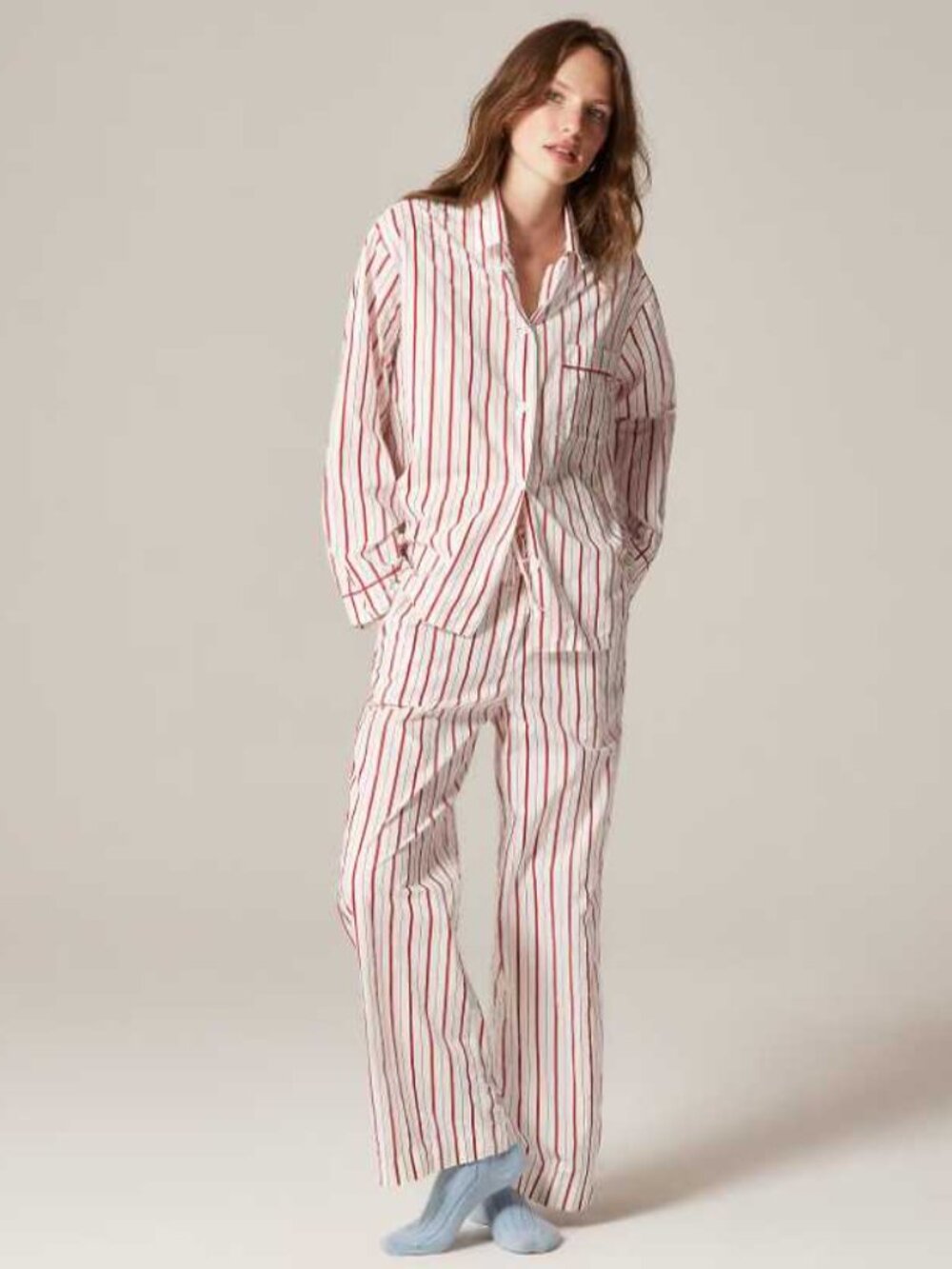 New XS J.Crew cotton poplin long-sleeve pajama pant set in peppermint stripe red